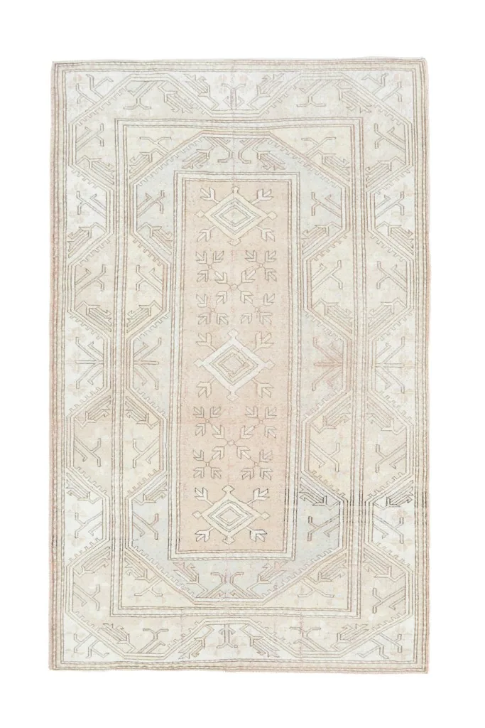 Full overhead view of the vintage Anatolian rug, displaying its overall design and colors.