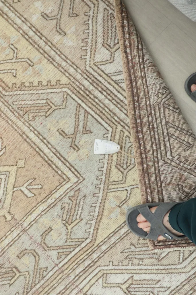 Overhead view with a foot for scale, demonstrating the rug's size and the intricate patterns.