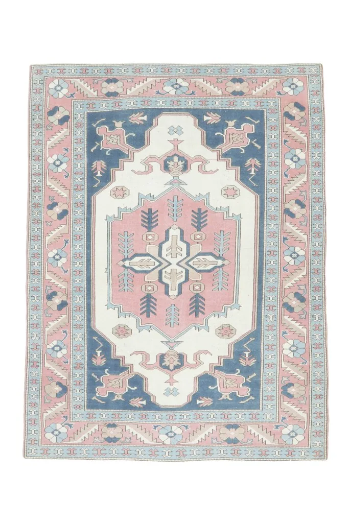 Full overhead view of the vintage Anatolian rug from a slightly different angle, showcasing its entire design