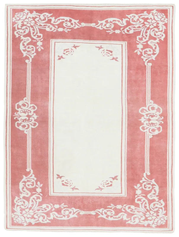 Full top view of the vintage rose and ivory Anatolian area rug