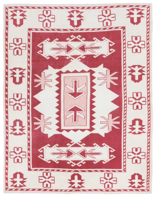 Full top view of the vintage 6'0" x 7'6" red and ivory Anatolian geometric rug on a white background.