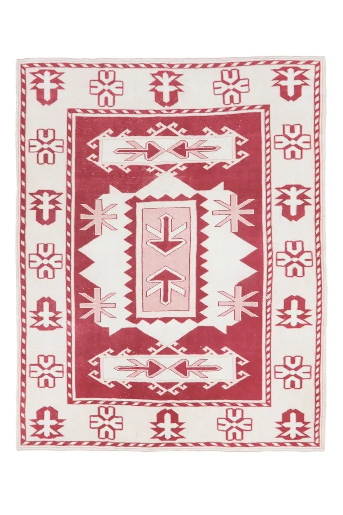 Full overhead view of the red and ivory vintage Anatolian rug, emphasizing its complete design.