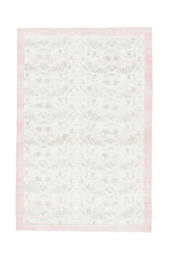 Full overhead view of the vintage Anatolian rug, displaying its entire pattern and colors