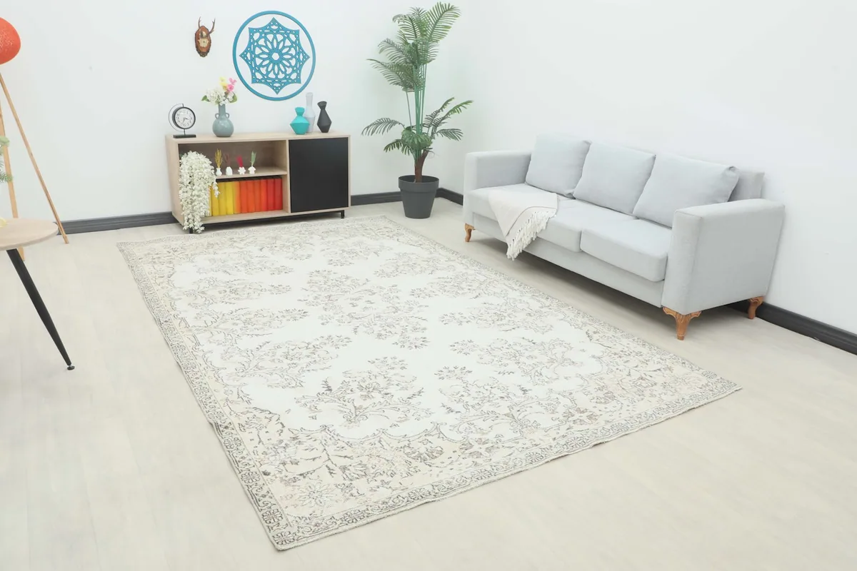 Large Cream Gray Floral Medallion Rug in a modern living room setting