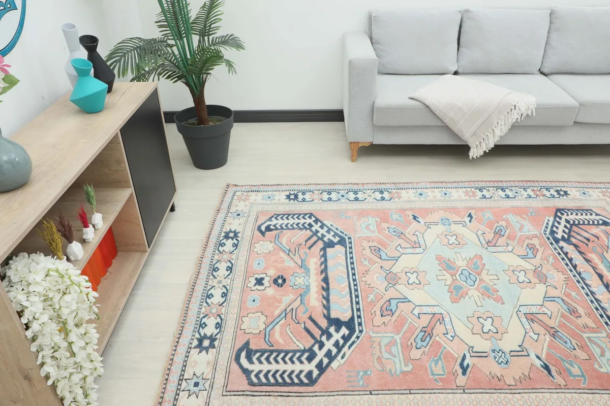 Overhead view of the rug placed in a room, highlighting its full design and how it fits into the space.