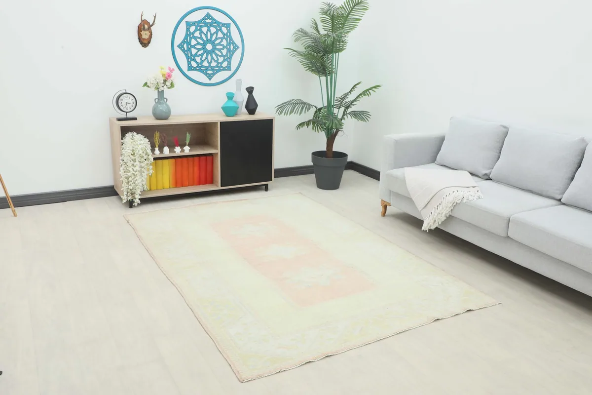 Vintage Anatolian rug displayed in a bright living room setting with a light gray sofa