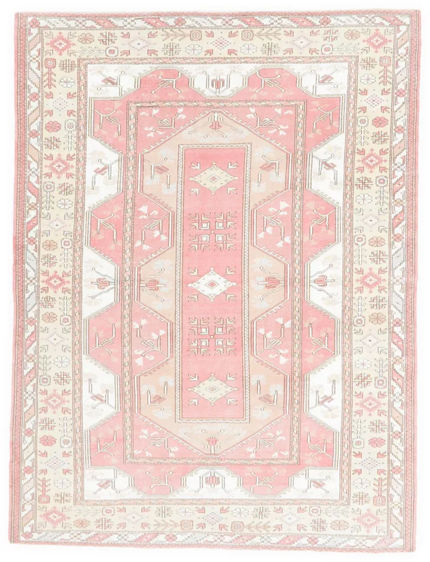 Full top view of the 6'3" x 8'2" rose and beige geometric Anatolian vintage rug on a white background.