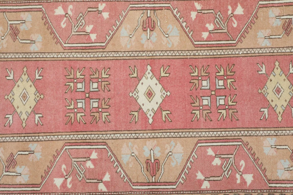 Overhead view showing a section of the rose field with beige and ivory geometric patterns and border.