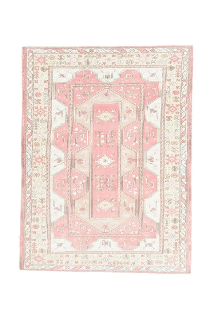 Full overhead view of the 6'3" x 8'2" rose and beige Anatolian vintage rug, showing the entire design.