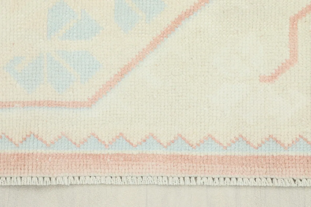 Close-up detail of the rug's ivory border with rose and blue geometric motifs and fringe