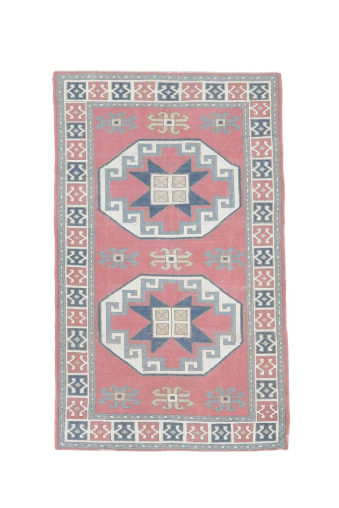 Full top view of the 4'0" x 6'9" vintage Anatolian rug with a white background, showing true colors