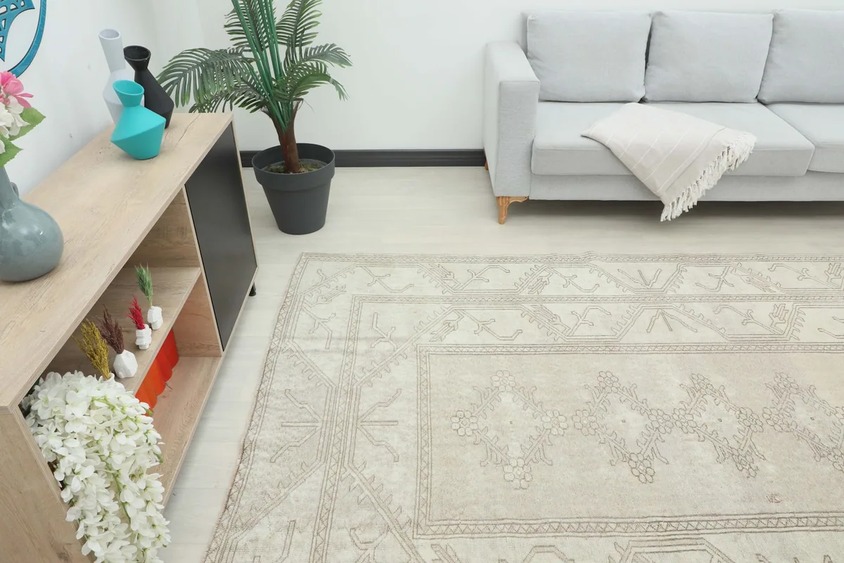 Cream area rug laid out in a contemporary living space, showing its scale