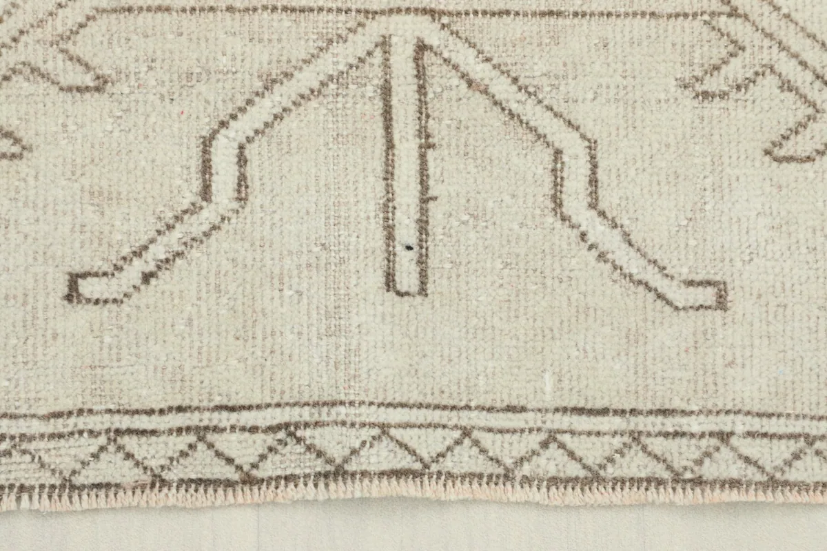 Close-up view of the rug's low pile and geometric border details in brown