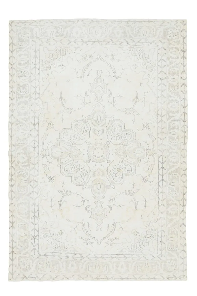 Full overhead view of the ivory and gray vintage Anatolian rug