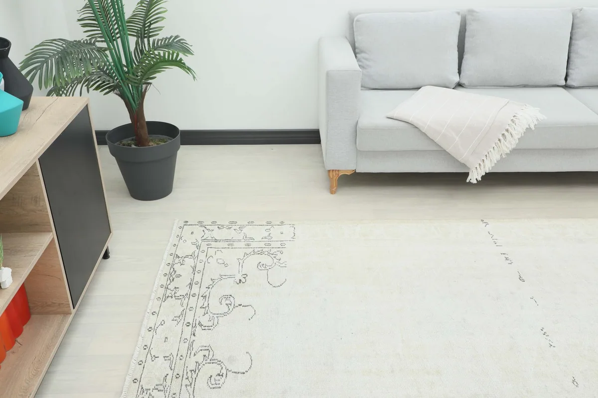 Corner view of the rug in a room setting, showing part of the subtle border design.