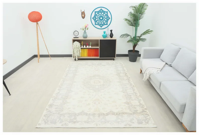 Full overhead view of the ivory and gray vintage Anatolian area rug