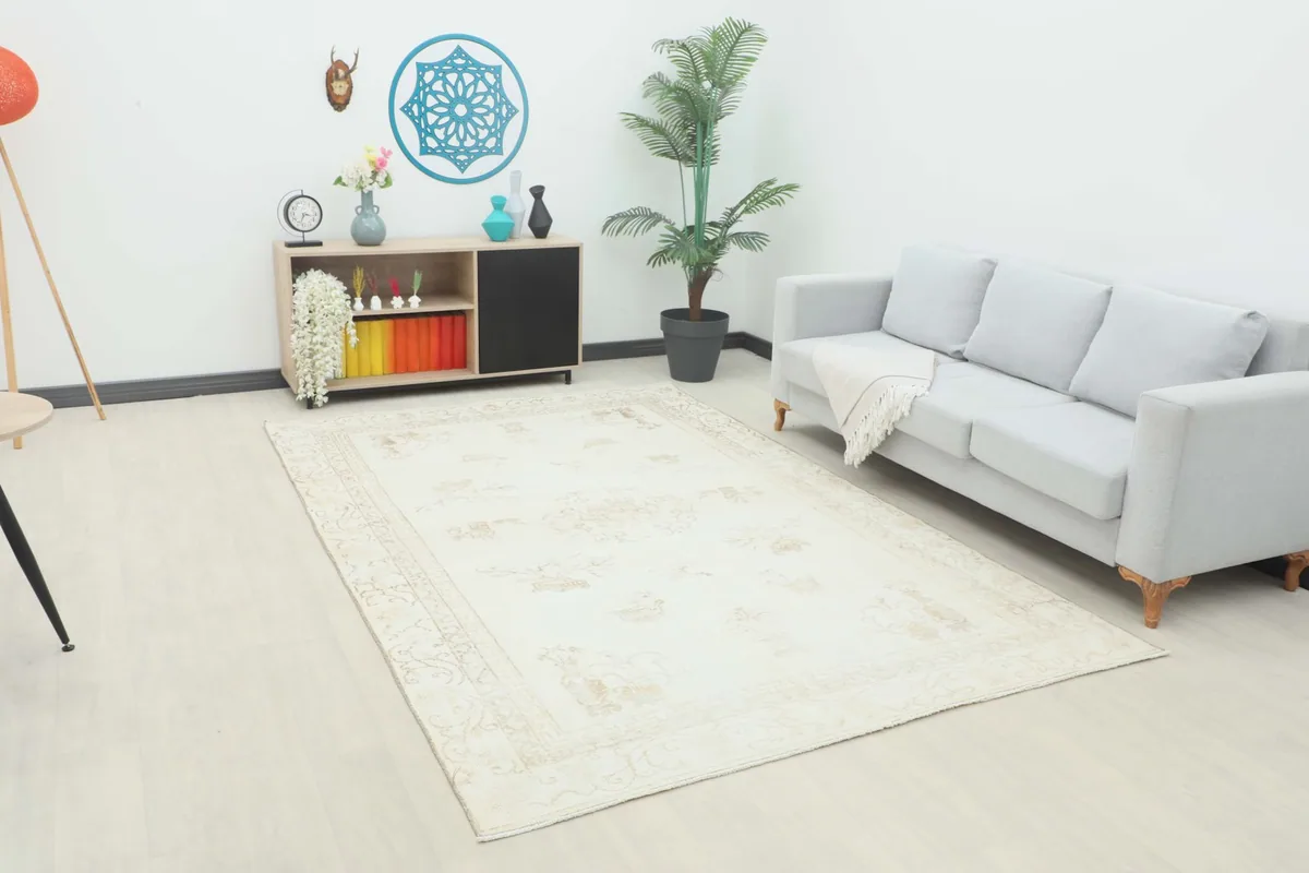 Cream and beige area rug in a modern living room setting with a light gray sofa.