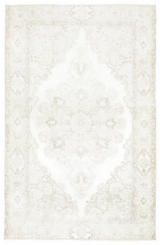 Full overhead view of the 5'6" x 8'7" vintage Anatolian rug with an ivory field and beige medallion.
