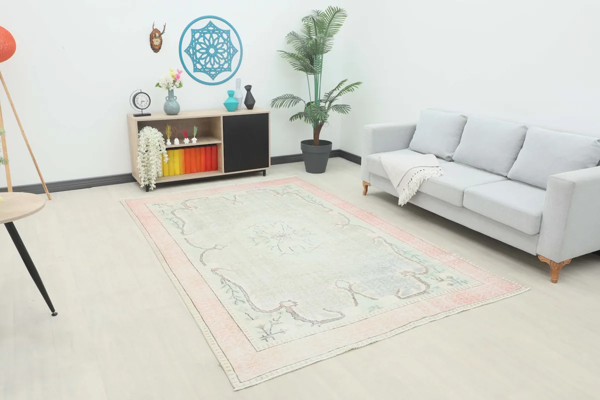 Vintage area rug in a modern living room setting with a light gray couch