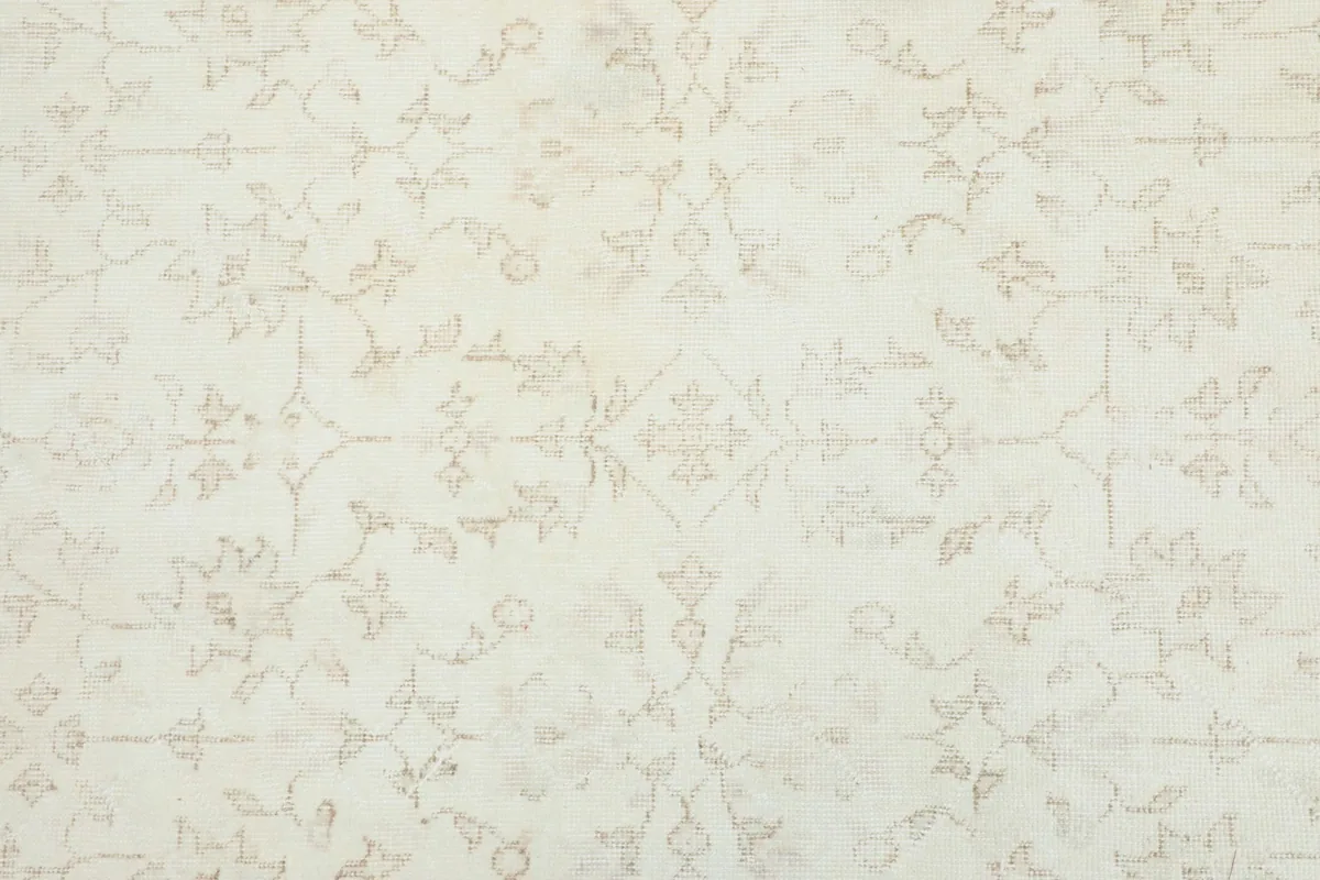 Overhead view showcasing the overall faded floral design and cream color of the rug.