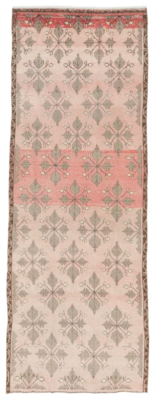 Full top view of the vintage Anatolian runner rug with rose and gray geometric patterns