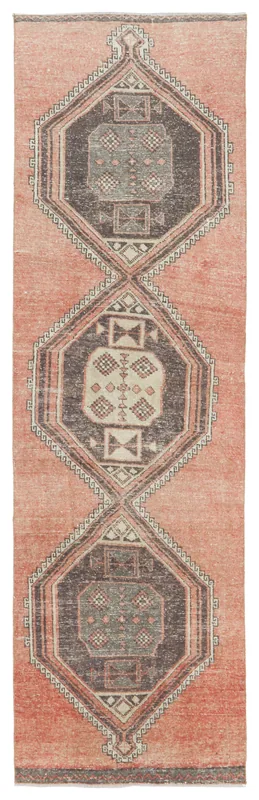 Full overhead view of the rust vintage Anatolian runner rug with three large geometric medallions