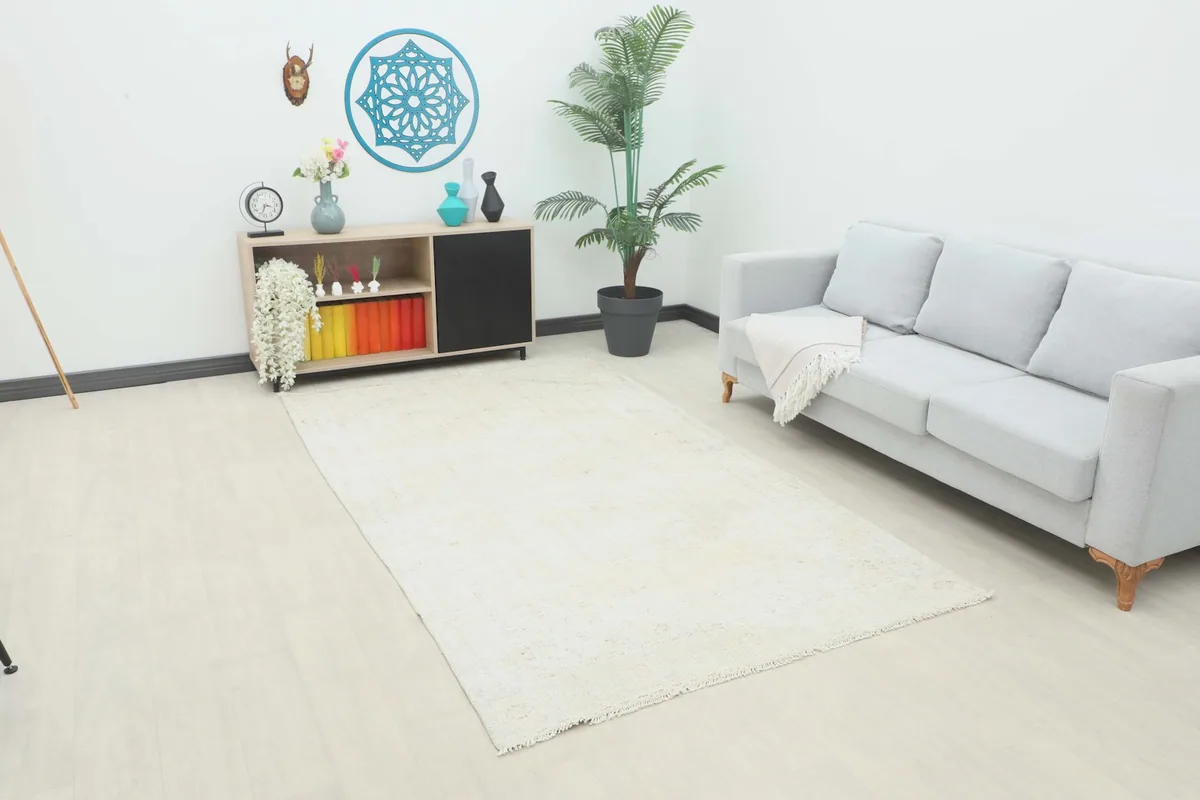Ivory vintage Anatolian rug displayed in a living room setting with a light gray sofa and wooden console.