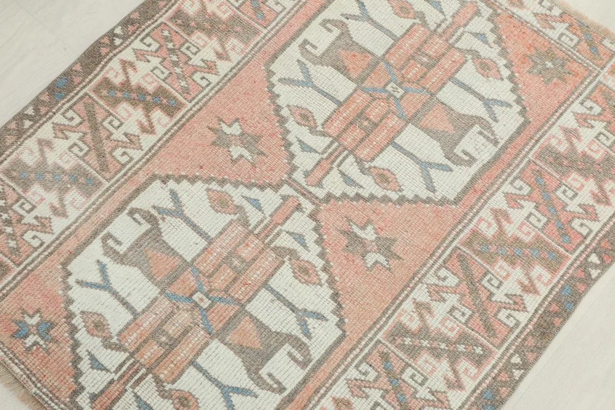 Overhead angled view of the rose and ivory rug, emphasizing its pattern symmetry and colors.