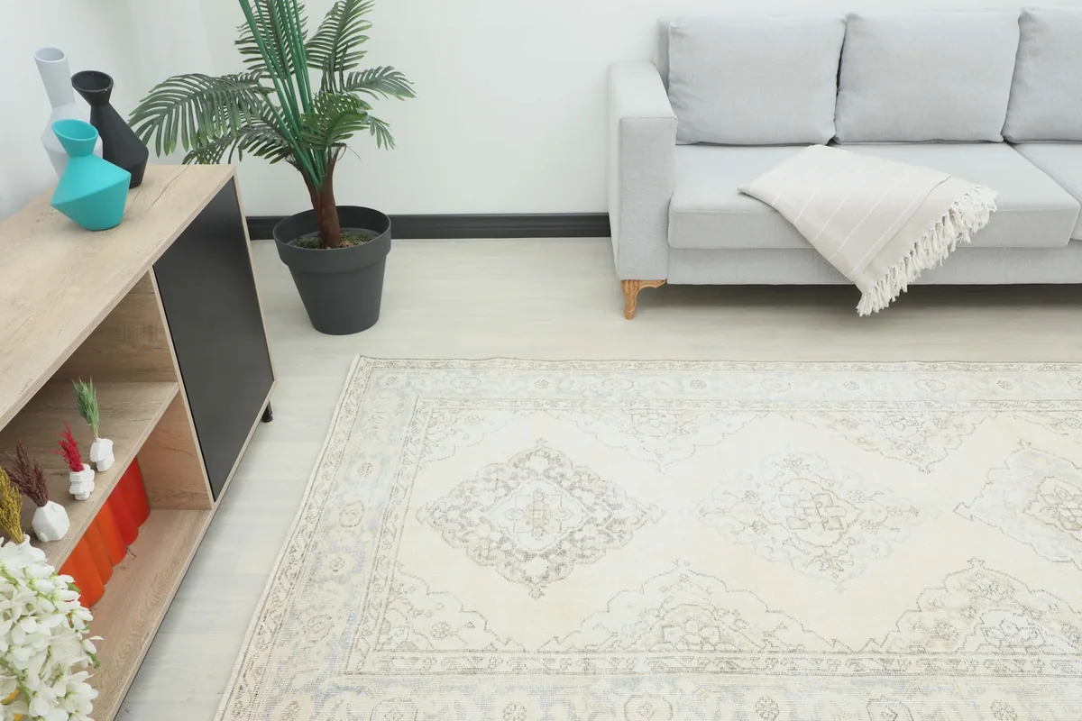 Angle view of the runner rug in a living space, highlighting its elongated shape.