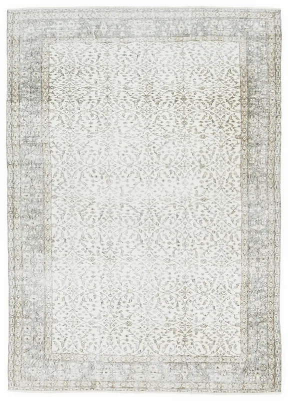 Full top view of the ivory and gray floral vintage Anatolian rug