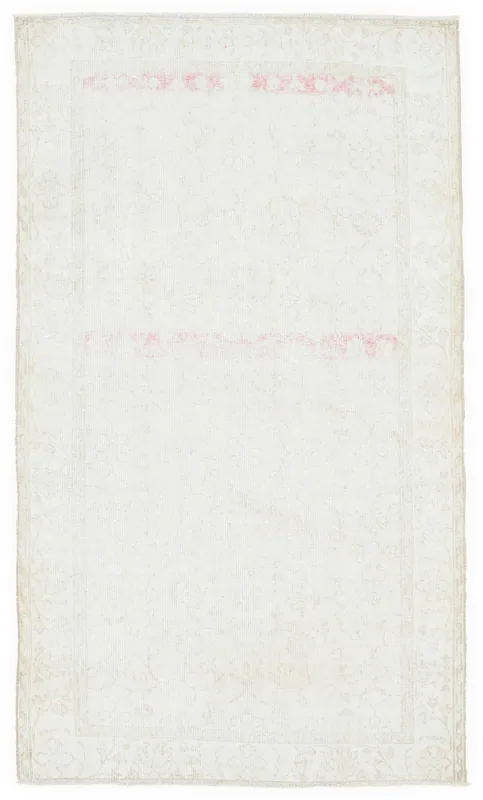 Full overhead view of the 4x7 cream and rose vintage Anatolian rug on a white background.
