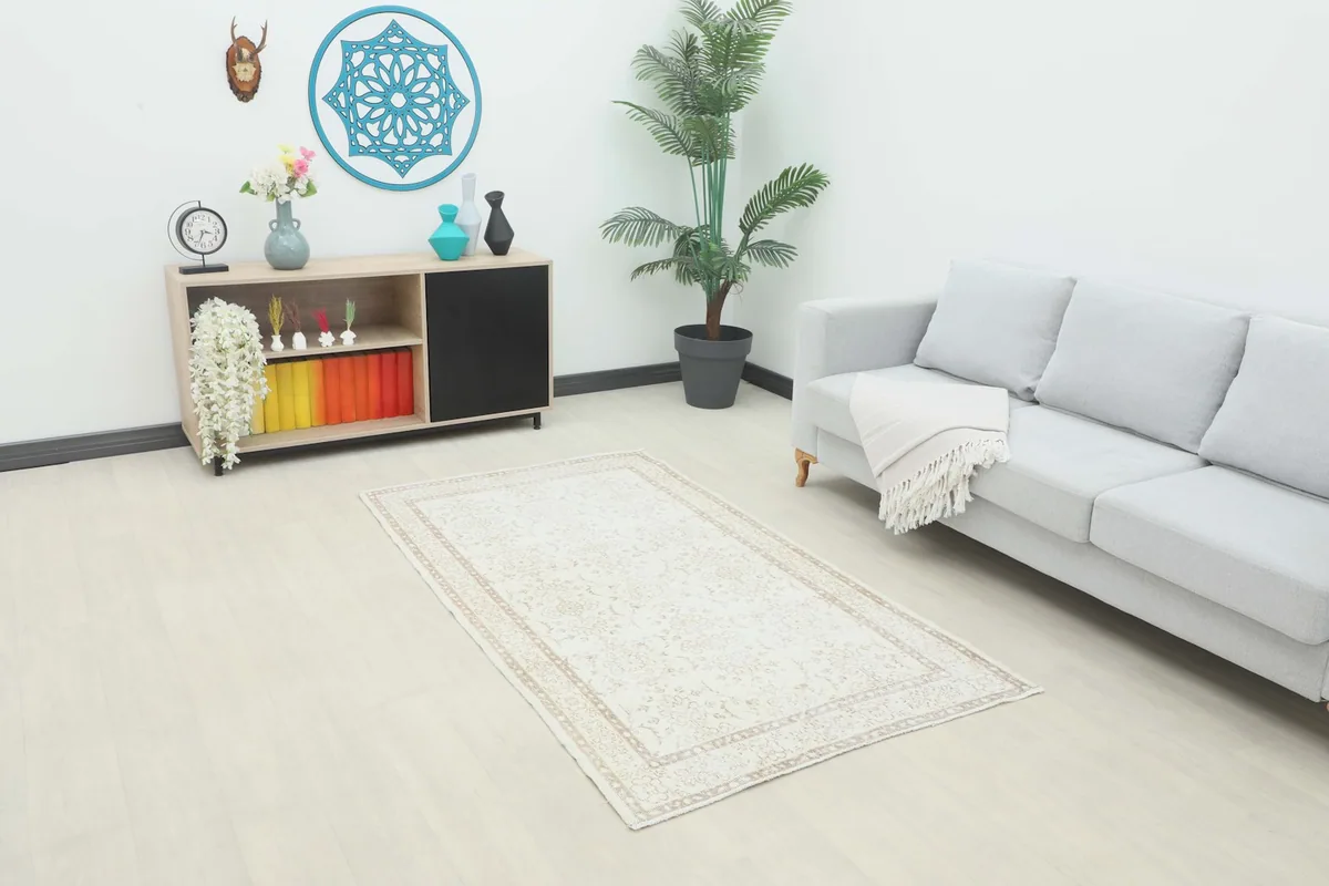 Ivory and tan Anatolian rug in a modern living room setting with a light gray sofa