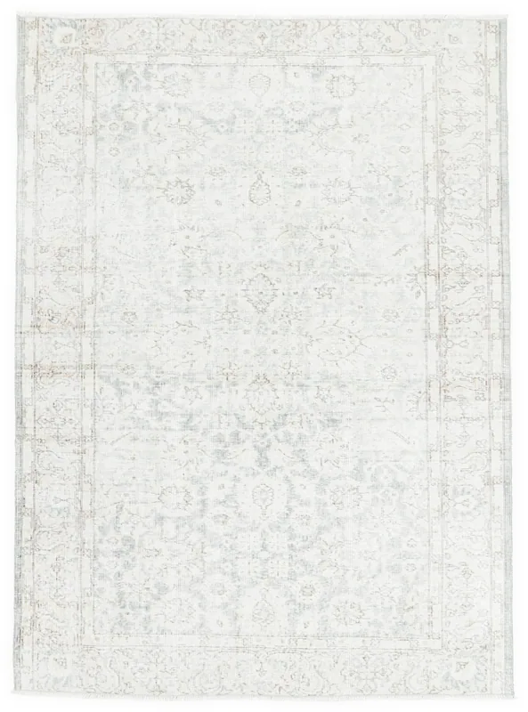 Full overhead view of the 5'0" x 6'11" ivory and blue vintage Anatolian rug on a white background.