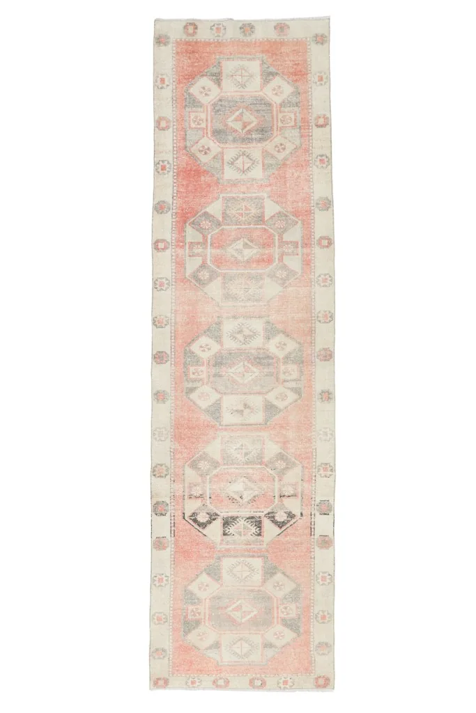 Full overhead view of the rust geometric Anatolian runner, showcasing its length and design