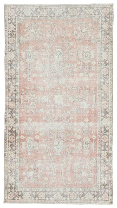 Full top view of the 3'6" x 6'6" rose and gray vintage Anatolian area rug