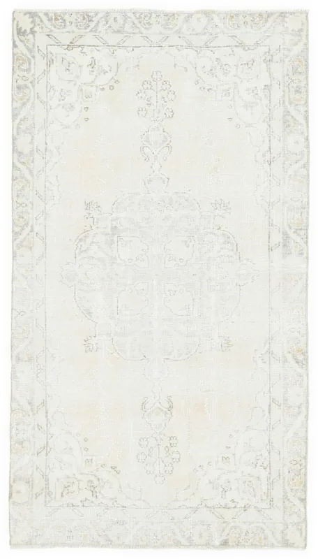 Full top view of the ivory and gray vintage Anatolian rug