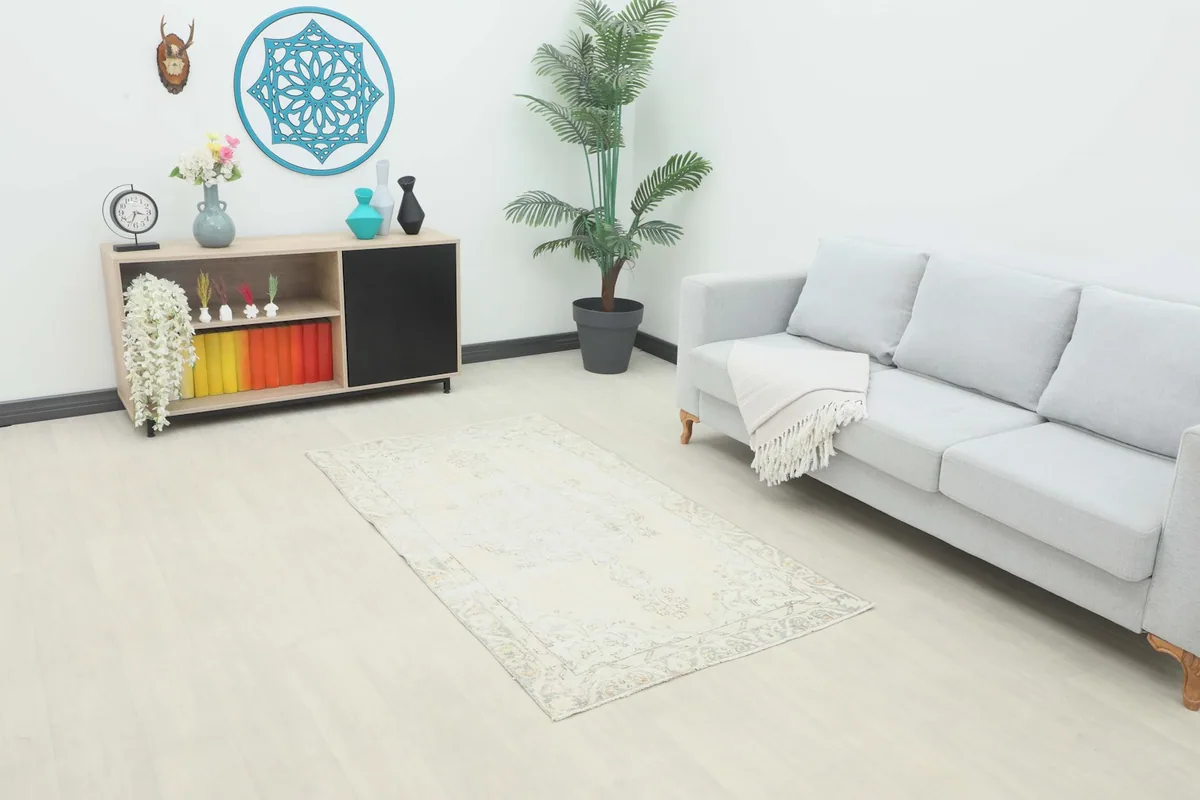 Vintage Anatolian rug in a modern living room setting with a gray sofa