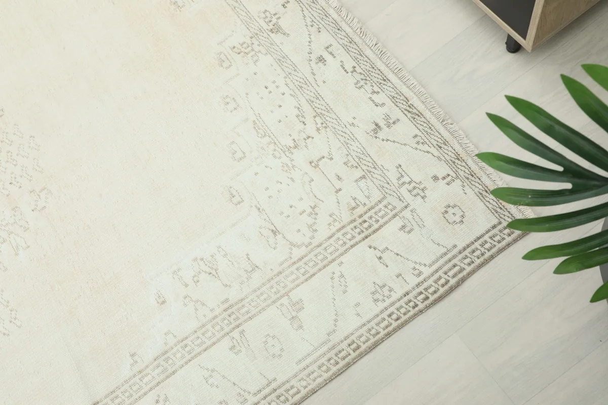 Detailed view of the rug's border design, highlighting the subtle beige and gray tones.