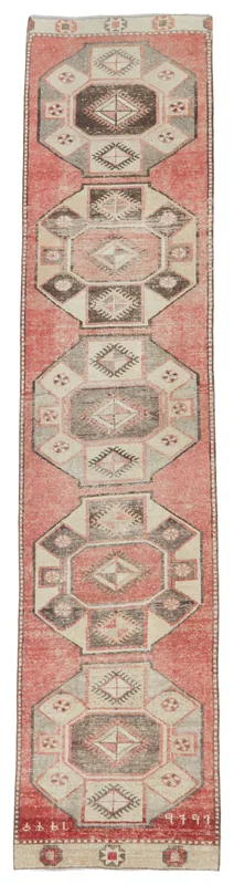 Full top view of the rose and gray geometric vintage Anatolian runner