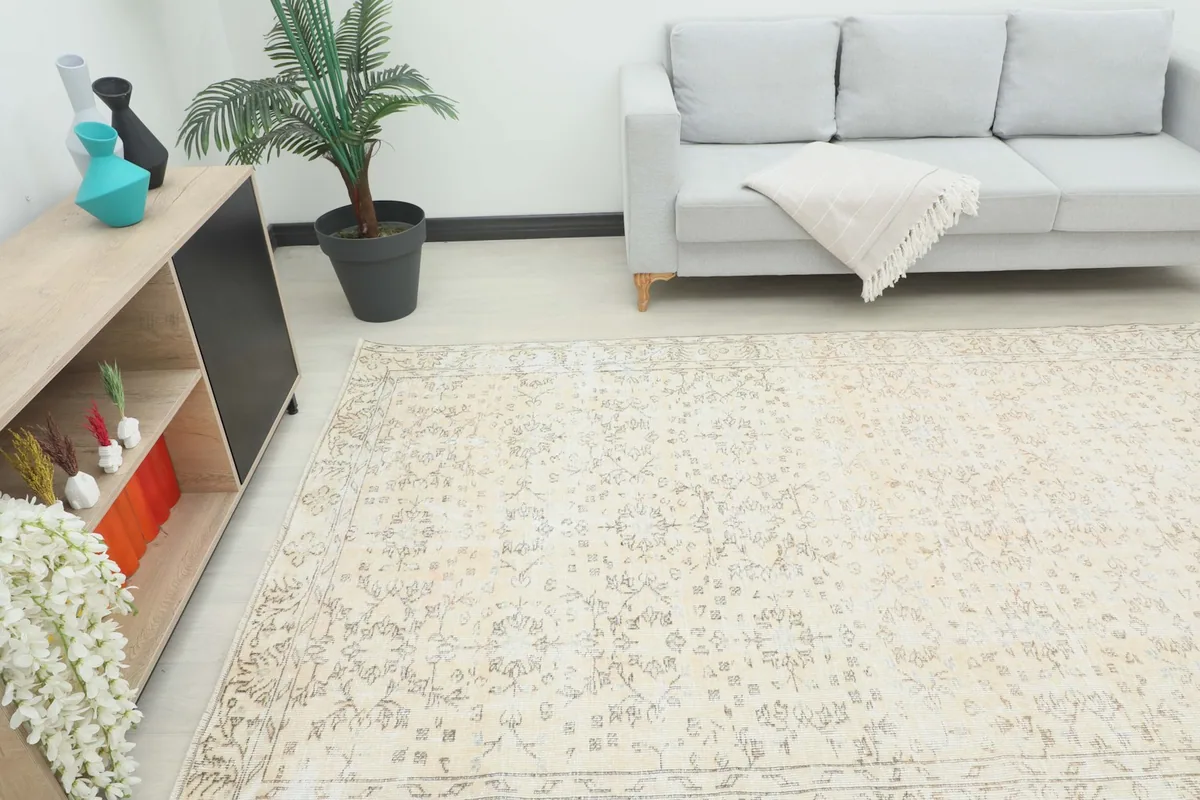 Ivory and beige rug in a living room setting with a gray sofa