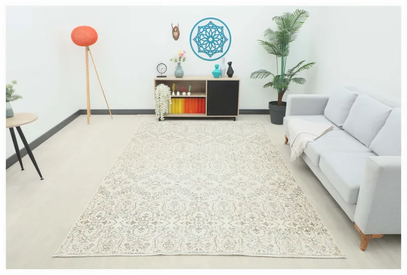 Full top view of the ivory botanical medallion vintage rug on a white background