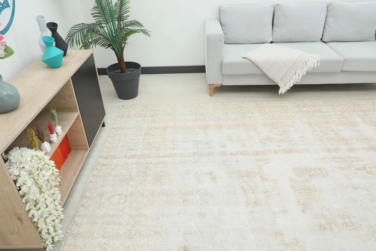 View of the rug in a room, showing its scale relative to furniture and decor.