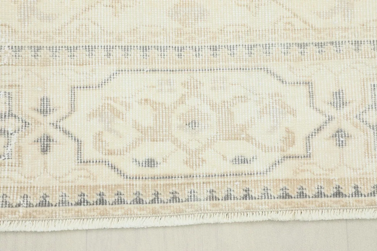 Close-up detail of the rug's border pattern, showing beige and gray geometric motifs.