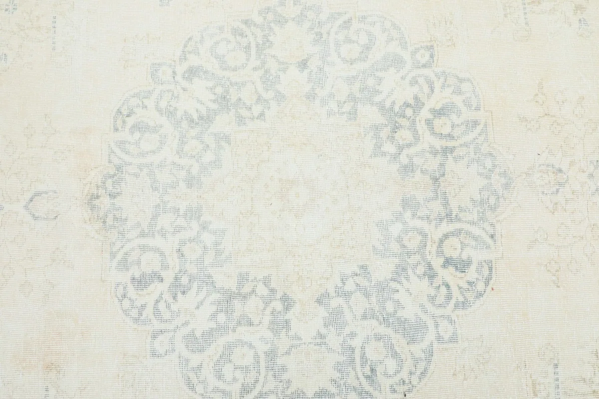 Detailed view of the central medallion design in soft blue and ivory tones.