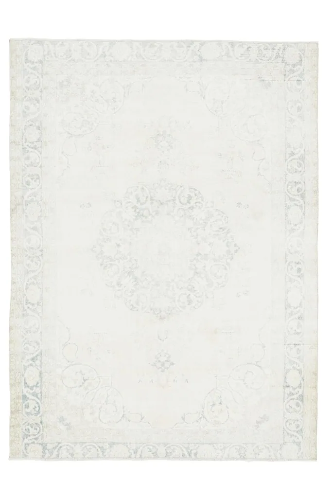 Overhead view of the entire 7'9" x 10'8" vintage Anatolian rug, showcasing its full design.