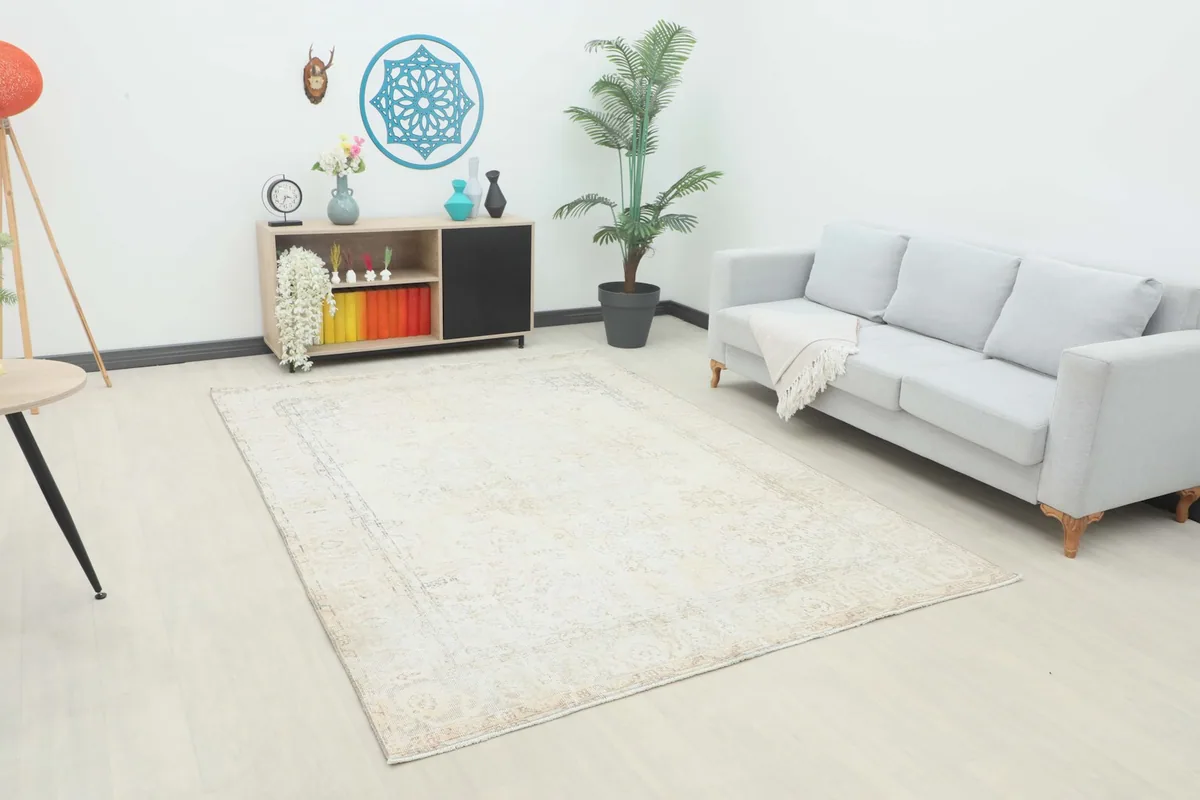 Beige vintage Anatolian rug displayed in a bright living room setting with a light gray couch.