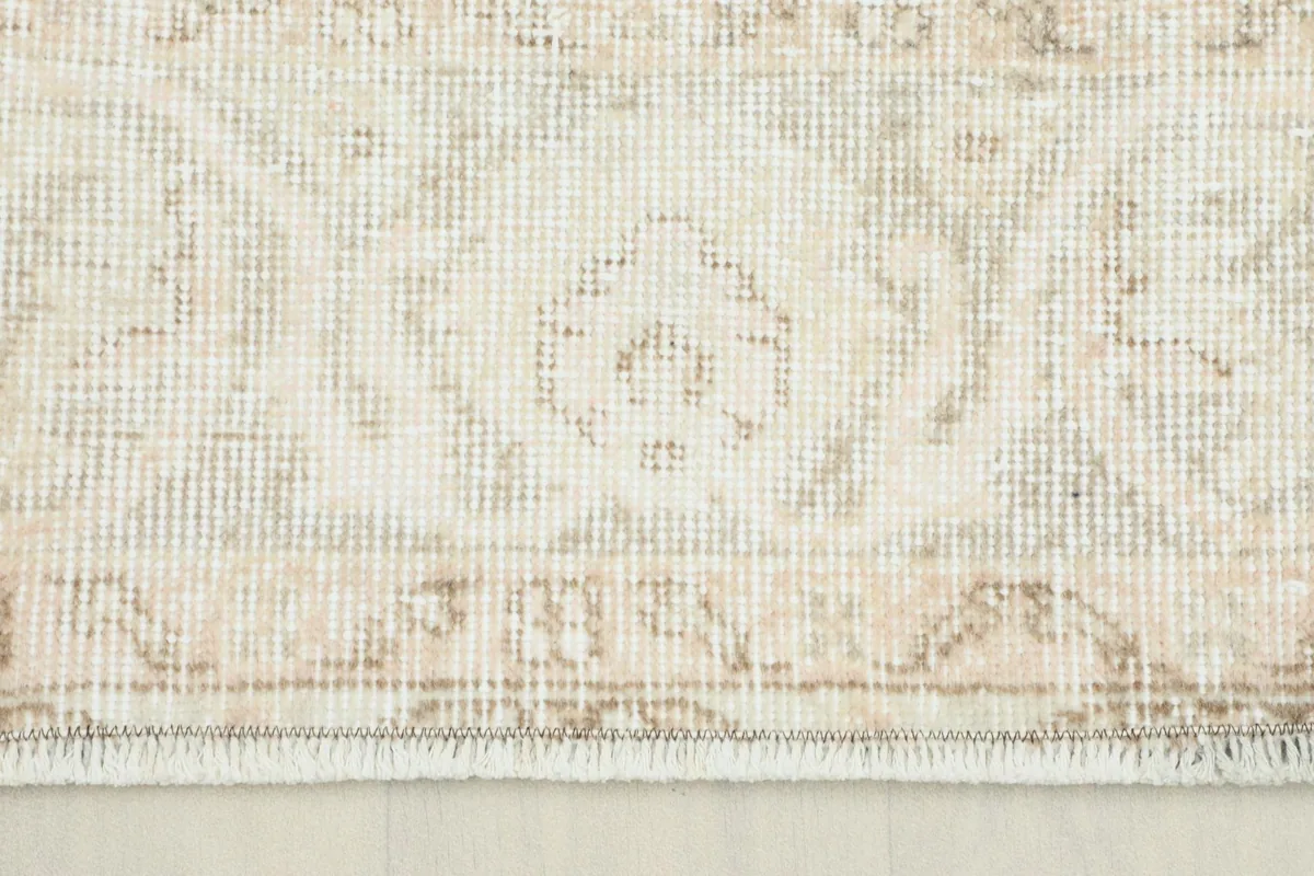 Close-up view of the rug's border and a subtle floral motif on the beige field.