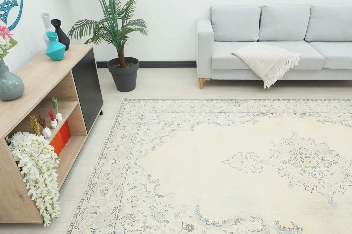 The ivory rug placed in a living room scene with a sofa, side table, and decorative items.