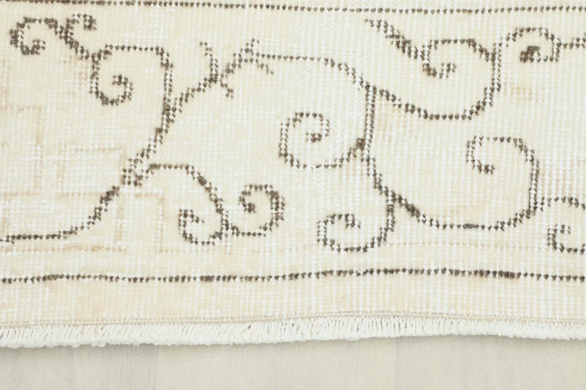 Close-up view of the rug's border with faded brown and charcoal scroll patterns and fringe