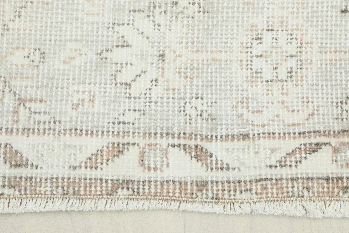 Close-up view of the rug's border and fringe, showing the intricate weaving and colors.